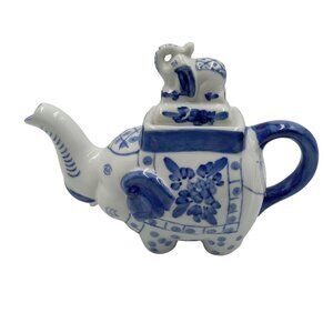 Elephant Teapot Blue & White Decorative Ceramic Decor Not for Food or Drink